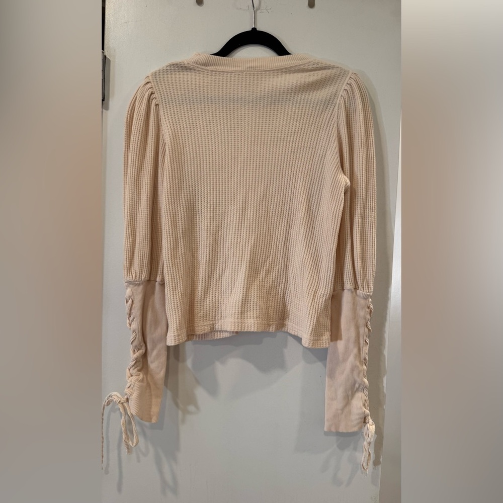 Women's Top waffle thermal long sleeve laceup light pink free people 100% cotton - Picture 3 of 6
